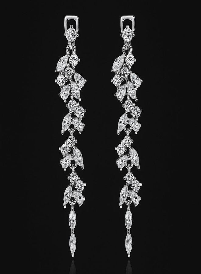 ZENCHEER Long Tassel 925 Sterling Silver Drop Clip On Earrings for Women, Cubic Zirconia CZ Dangle Drop Earrings Non Pierced Earrings for Wedding Party - Image 4